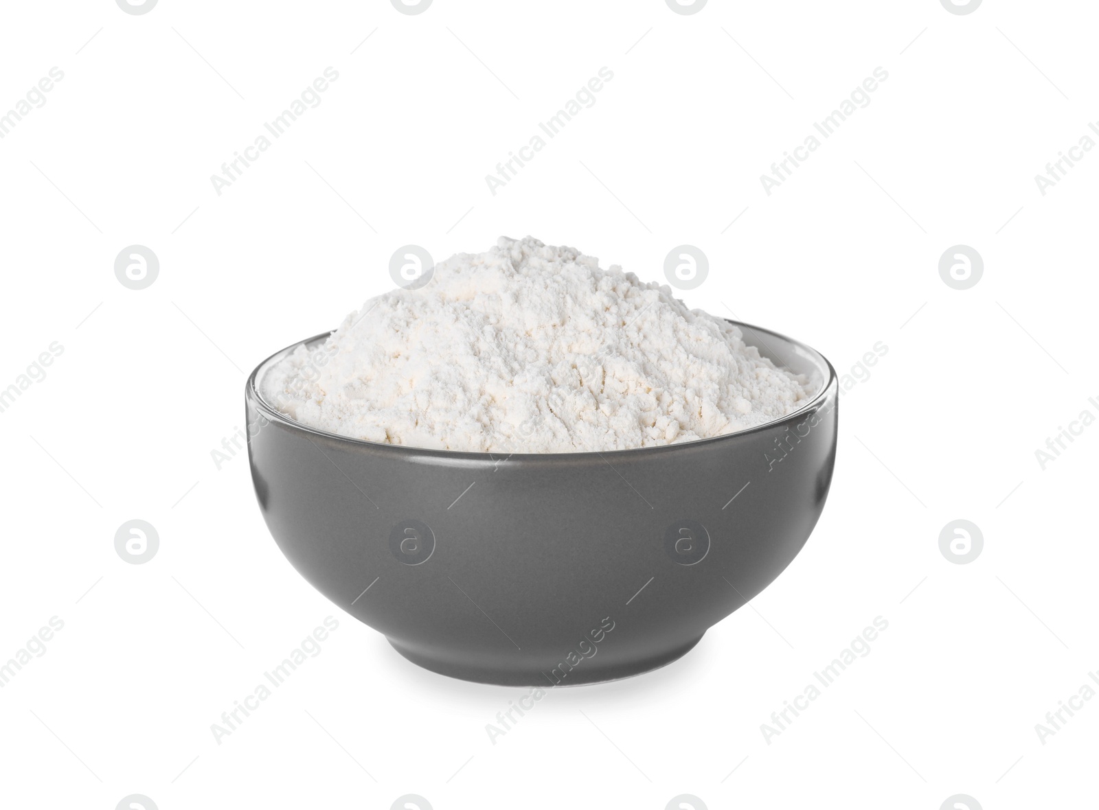 Photo of Fresh flour in grey bowl isolated on white