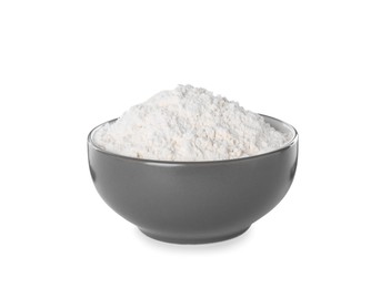 Photo of Fresh flour in grey bowl isolated on white