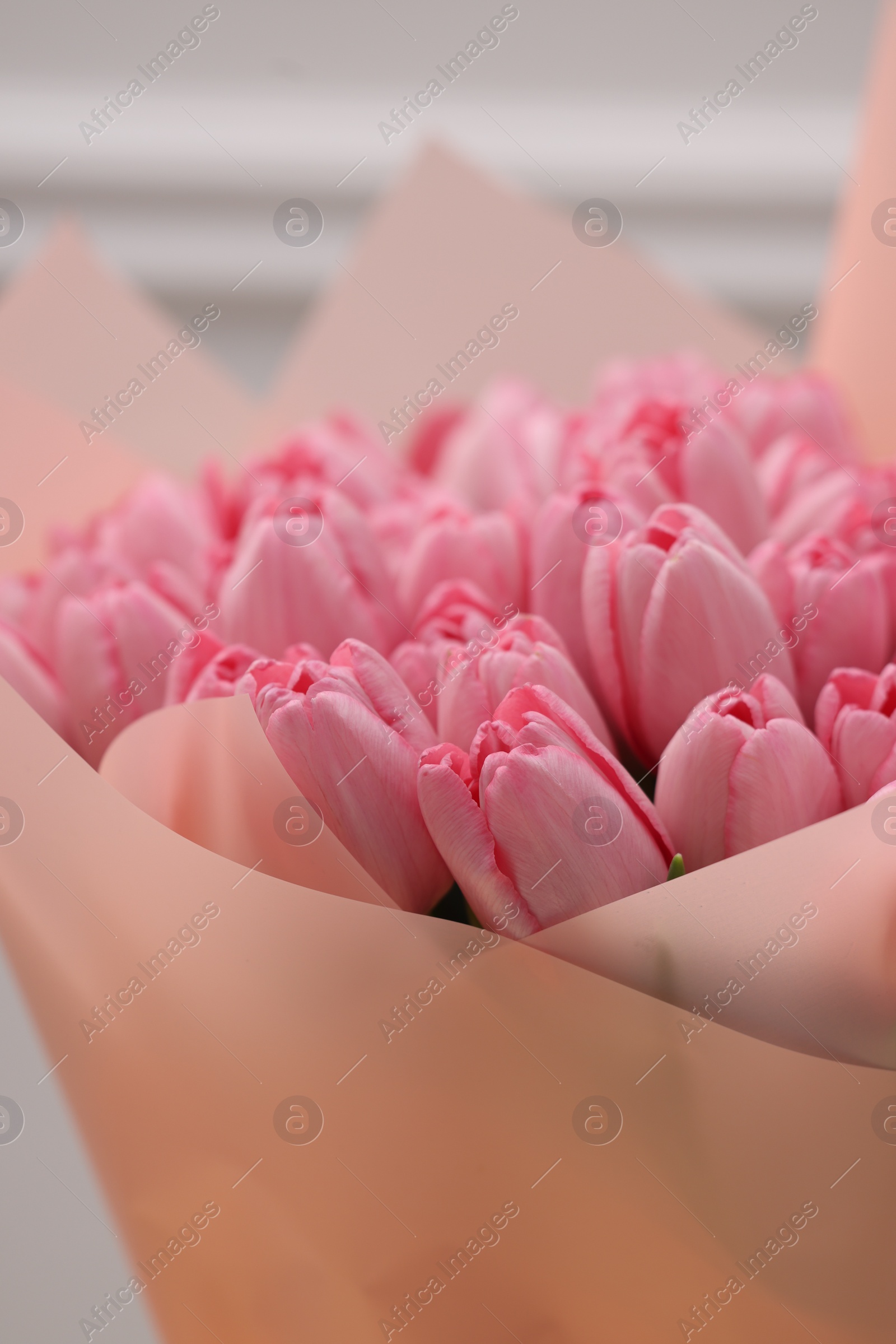 Photo of Bouquet of beautiful pink tulips near white wall, closeup