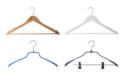 Image of Set with different empty hangers on white background