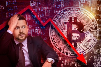 Cryptocurrency collapse. Collage with photo of stressed trader, bitcoin and data charts