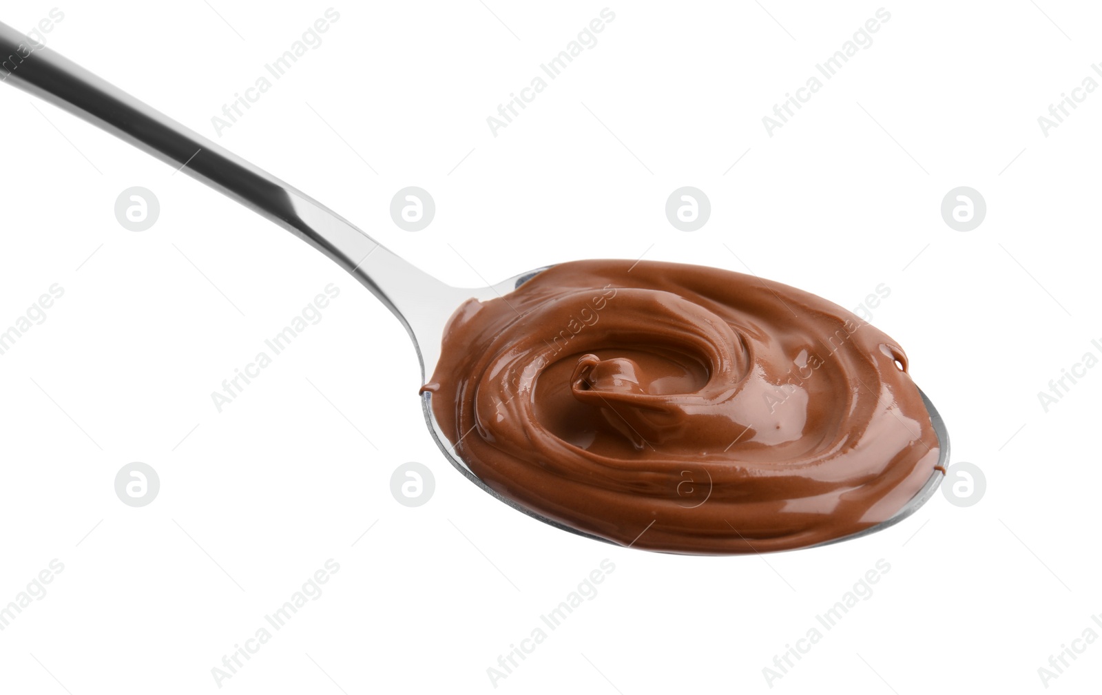 Photo of Spoon with delicious chocolate paste isolated on white