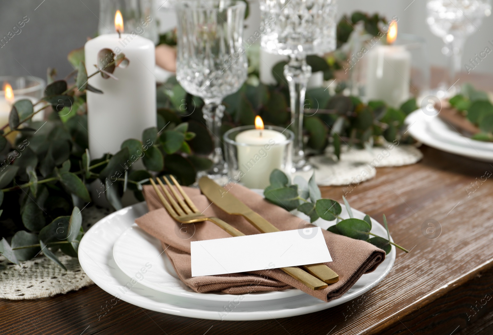 Photo of Luxury table setting with beautiful decor and blank card. Festive dinner