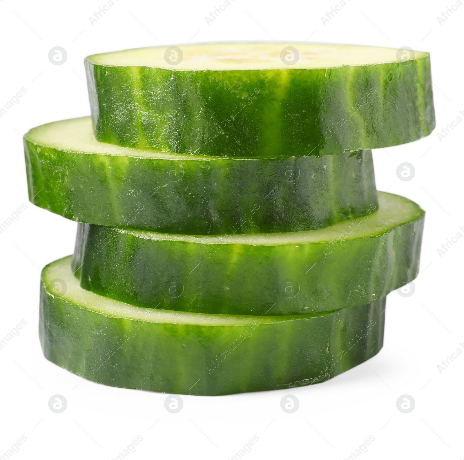 Photo of Stack of fresh cut cucumber isolated on white