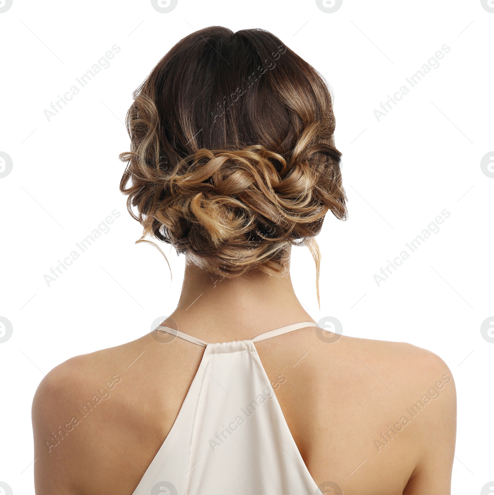 Photo of Young woman with beautiful hairstyle on white background