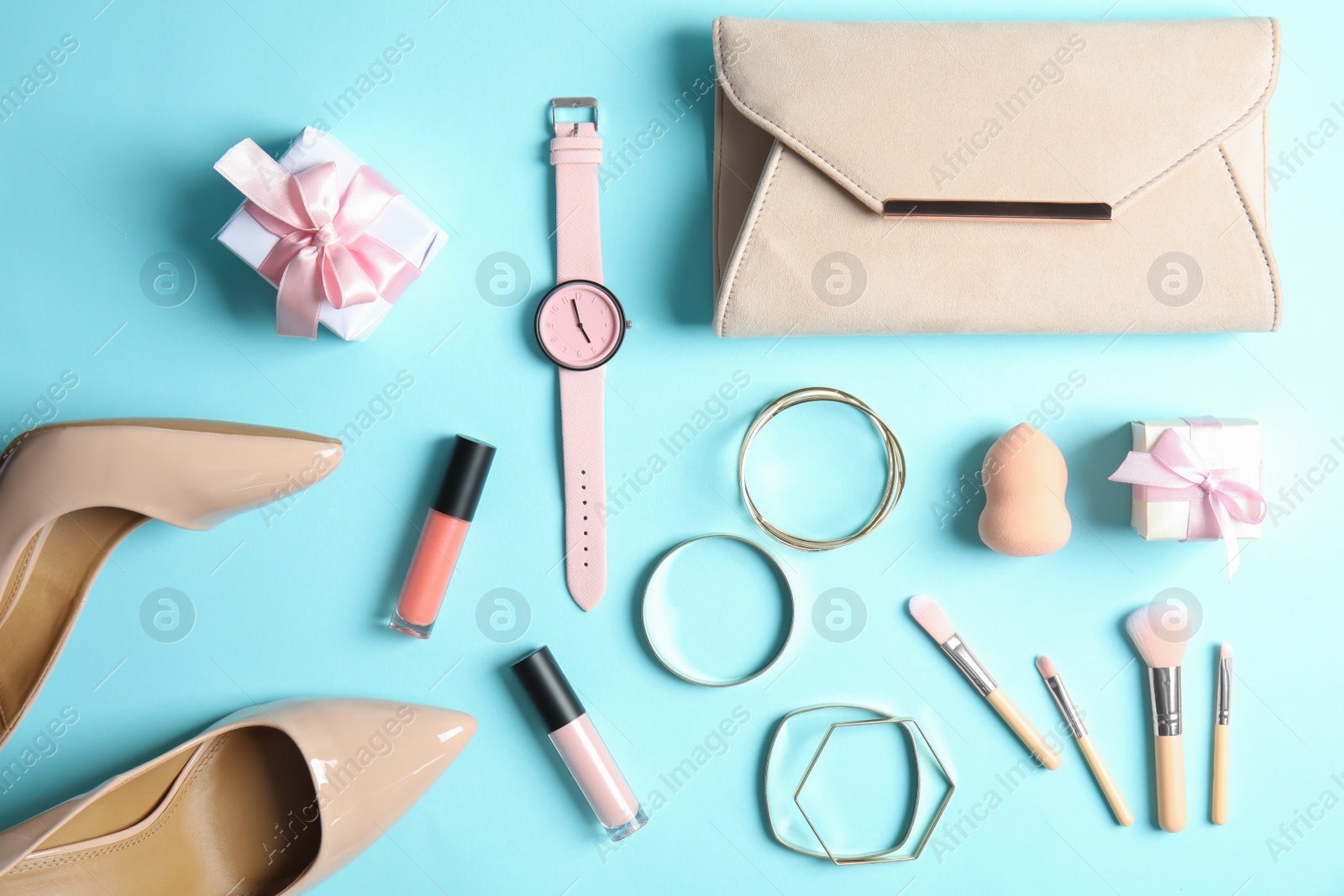 Photo of Flat lay composition with female accessories on color background. Beauty blogger