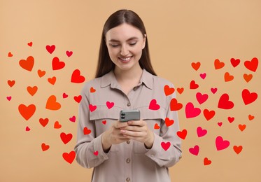 Image of Long distance love. Woman chatting with sweetheart via smartphone on dark beige background. Hearts flying out of device and swirling around her