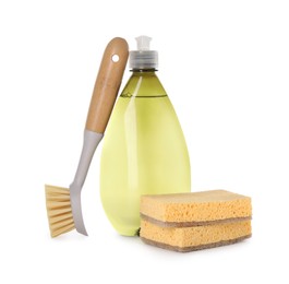 Photo of Bottle of cleaning product, brush and sponges isolated on white