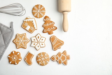 Photo of Flat lay composition with tasty homemade Christmas cookies on table