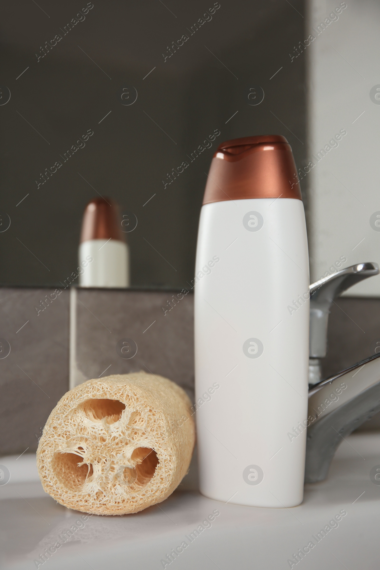 Photo of Natural loofah sponge and bottle of shower gel on washbasin in bathroom