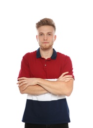 Photo of Portrait of handsome young man on white background