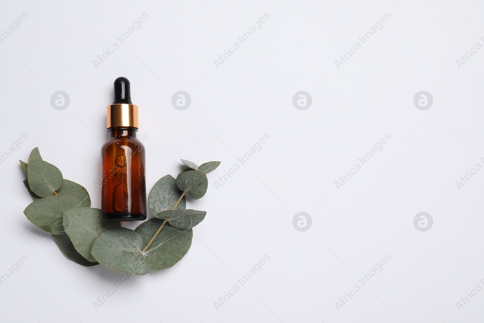 Photo of Aromatherapy product. Bottle of essential oil and eucalyptus leaves on white background, flat lay. Space for text