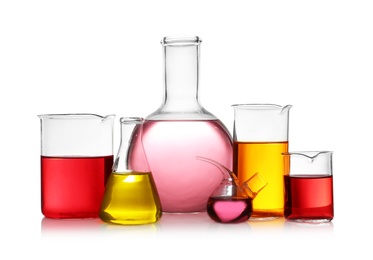 Set of different lab glassware with color liquid isolated on white