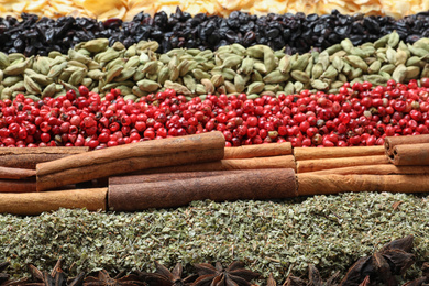 Set of different spices as background, closeup