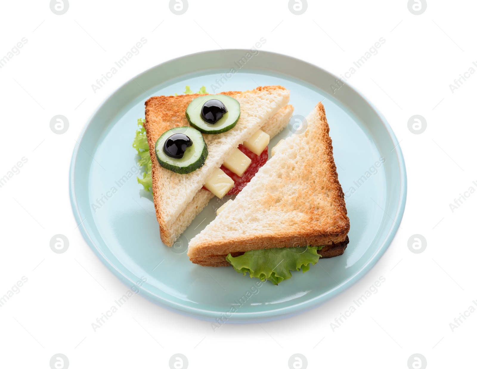 Photo of Cute monster sandwich on white background. Halloween party food