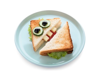 Photo of Cute monster sandwich on white background. Halloween party food