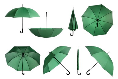 Image of Set with stylish green umbrellas on white background