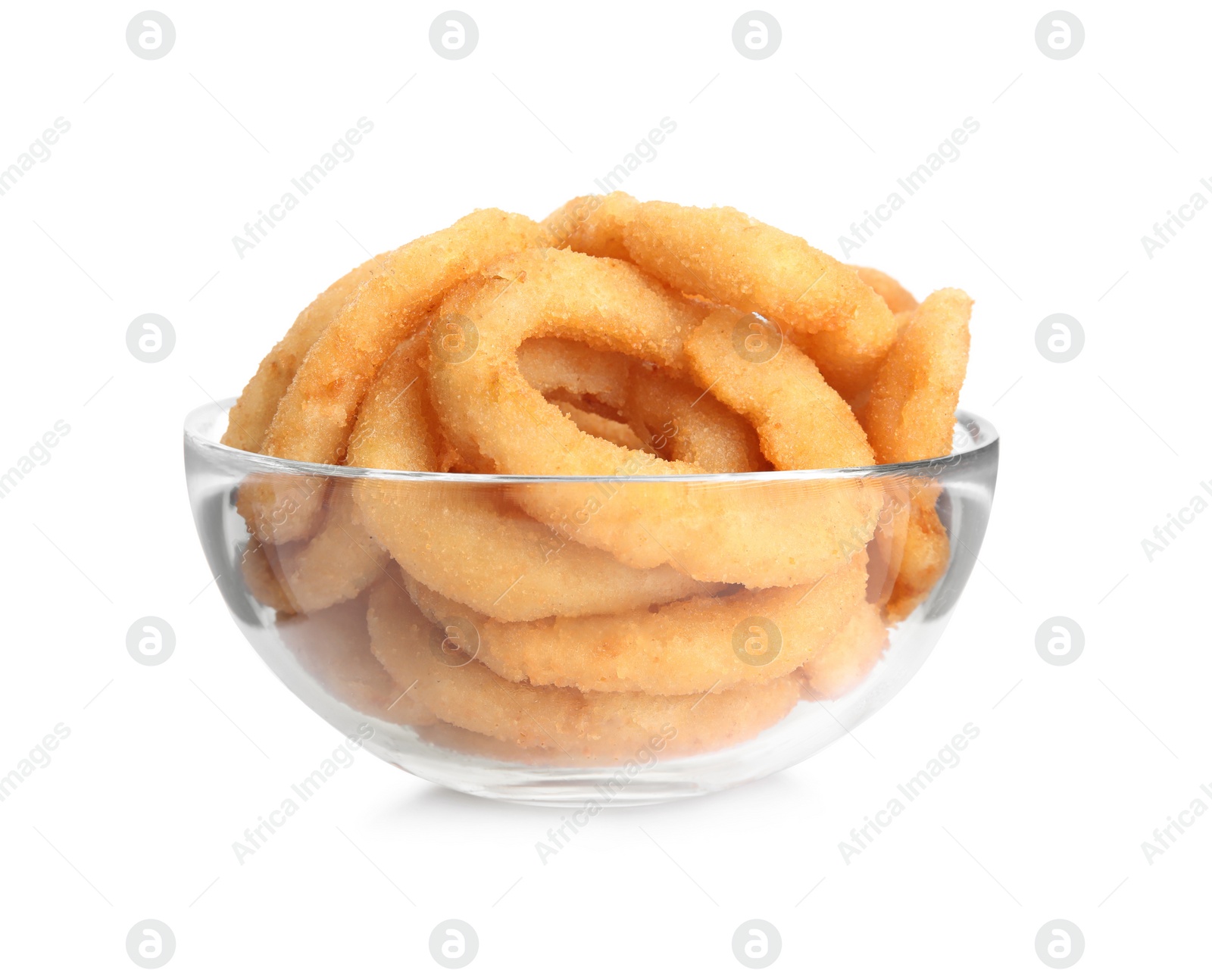 Photo of Delicious onion rings in bowl isolated on white