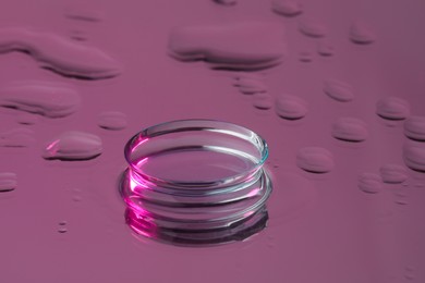 Photo of Contact lens on wet pink reflective surface