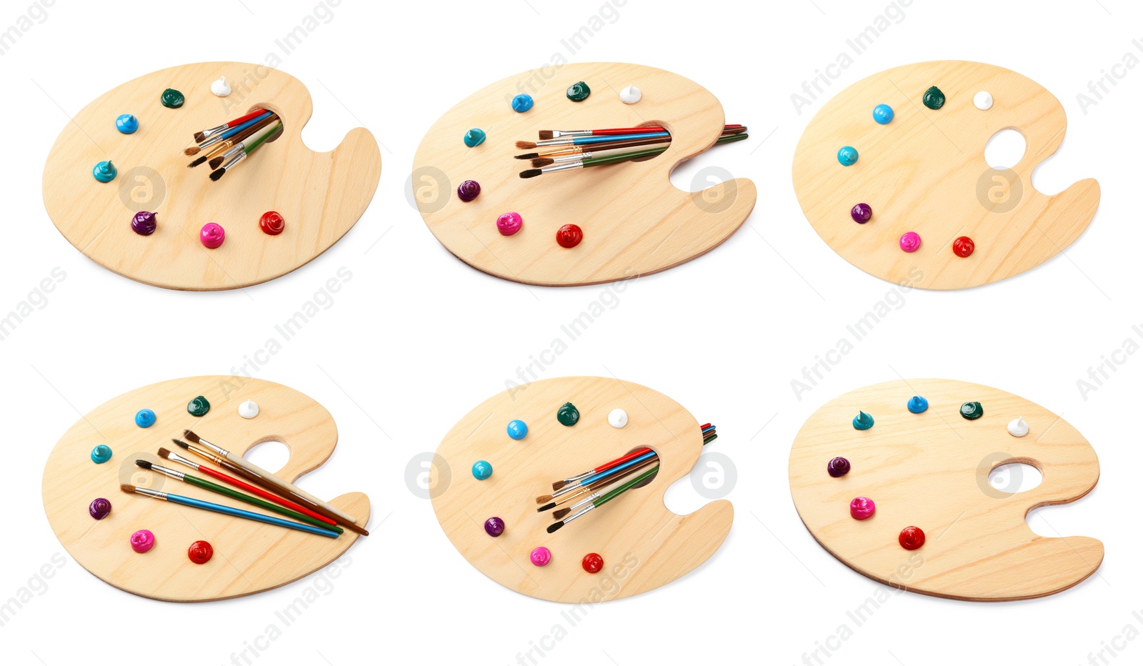 Image of Palettes with paints and brushes on white background, collage