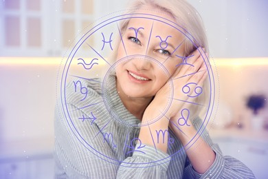 Image of Beautiful mature woman in kitchen and zodiac wheel illustration