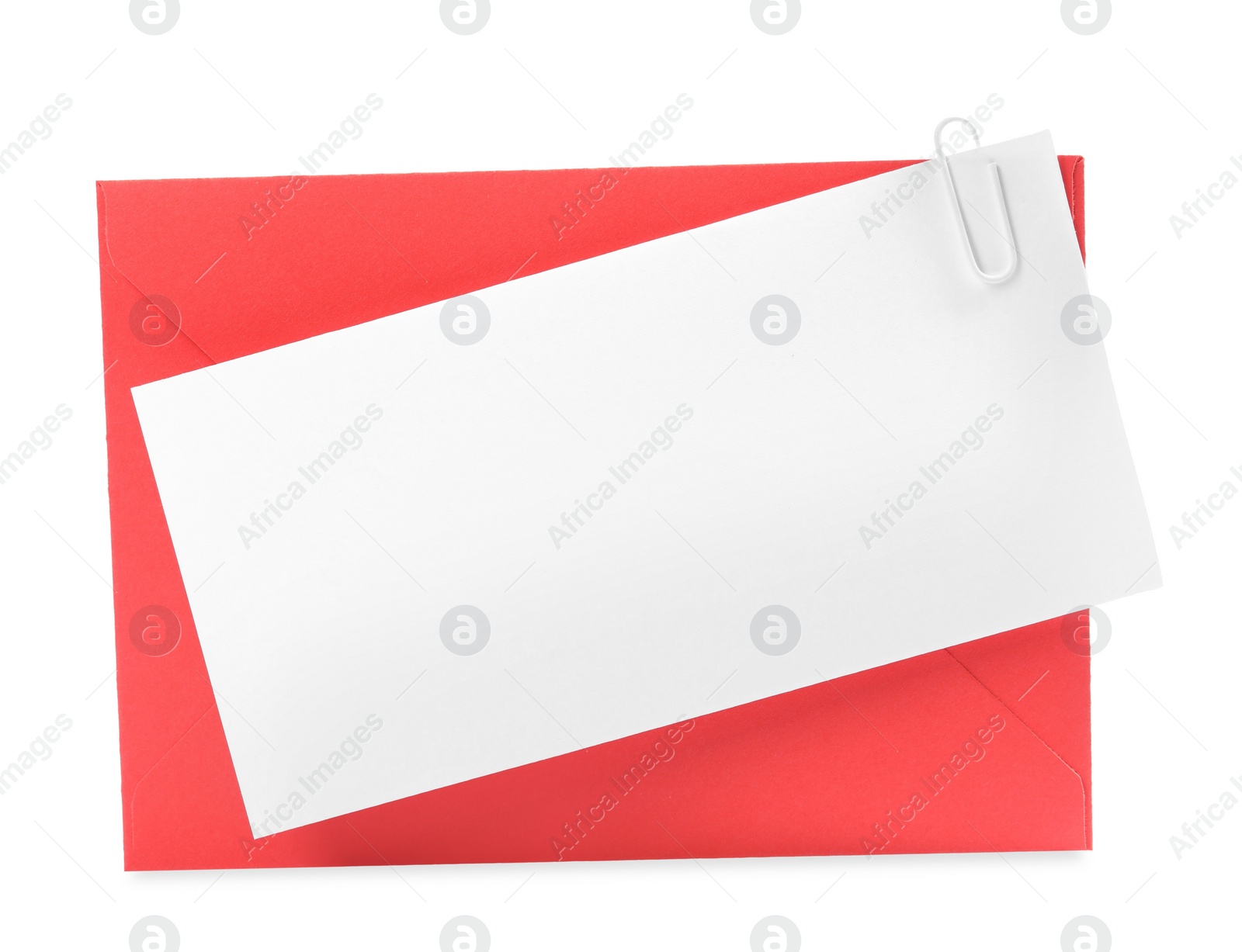 Photo of Blank card and red letter envelope on white background