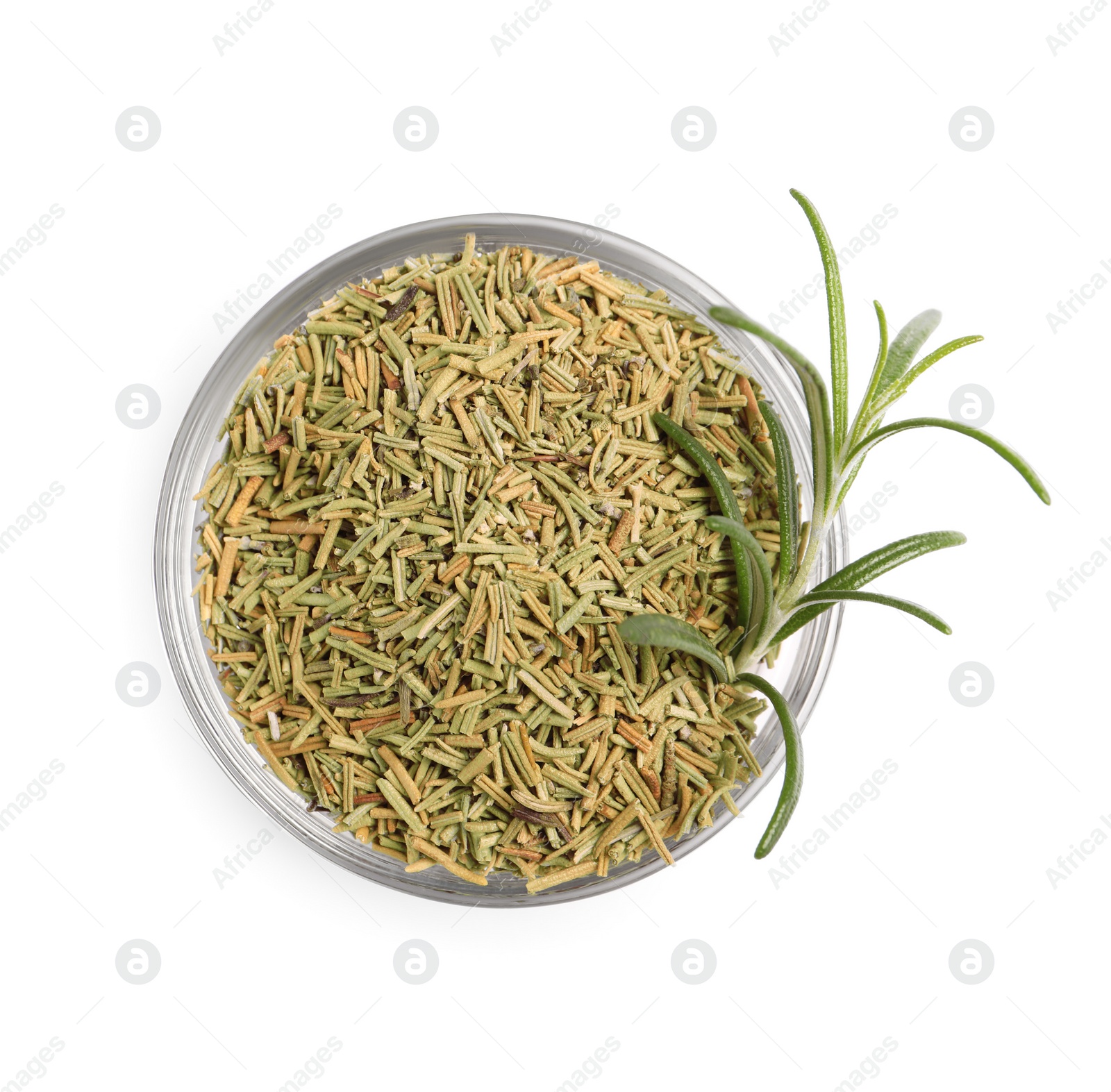 Photo of Bowl of fresh and dry rosemary isolated on white, top view