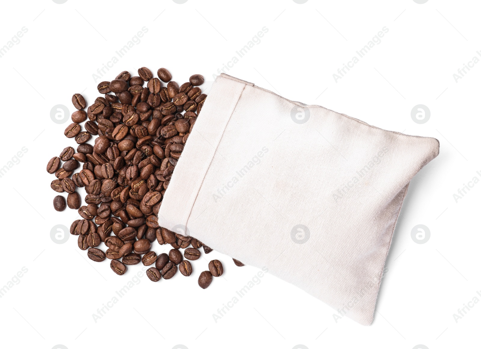 Photo of Sack and roasted coffee beans on white background, top view