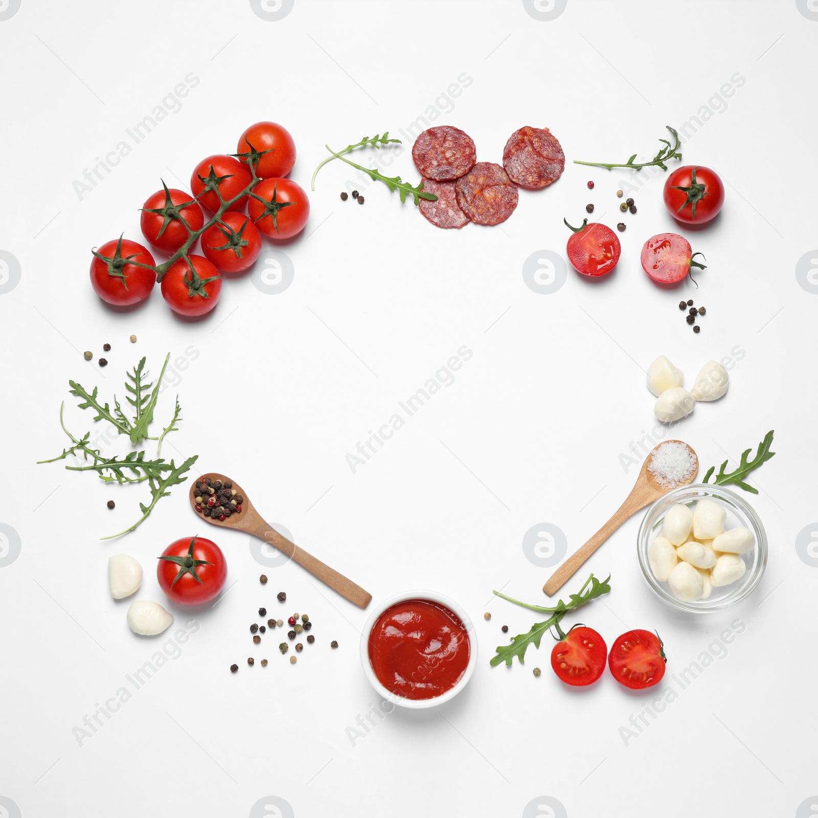 Photo of Composition with fresh ingredients and space for text on white background, top view. Pepperoni pizza recipe