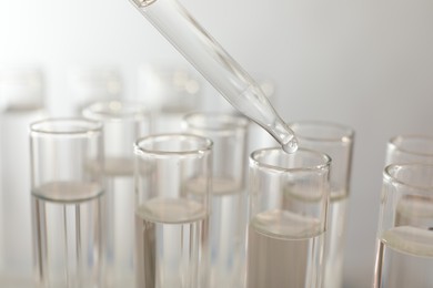 Photo of Dripping liquid from pipette into test tube on light background, closeup