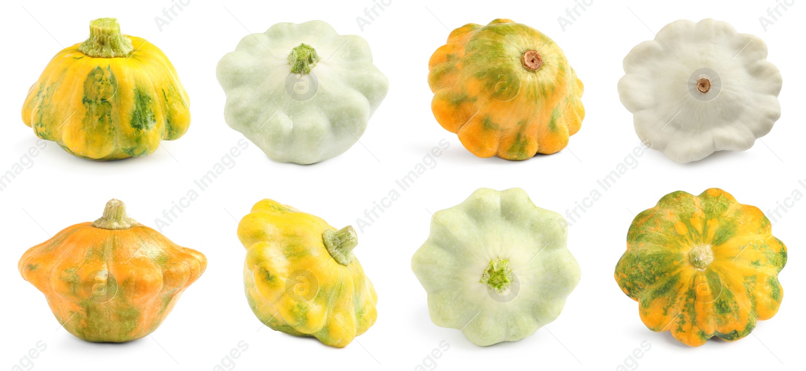 Image of Set with fresh ripe pattypan squashes on white background. Banner design