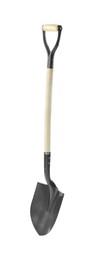 Photo of One new shovel with wooden handle isolated on white. Gardening tool