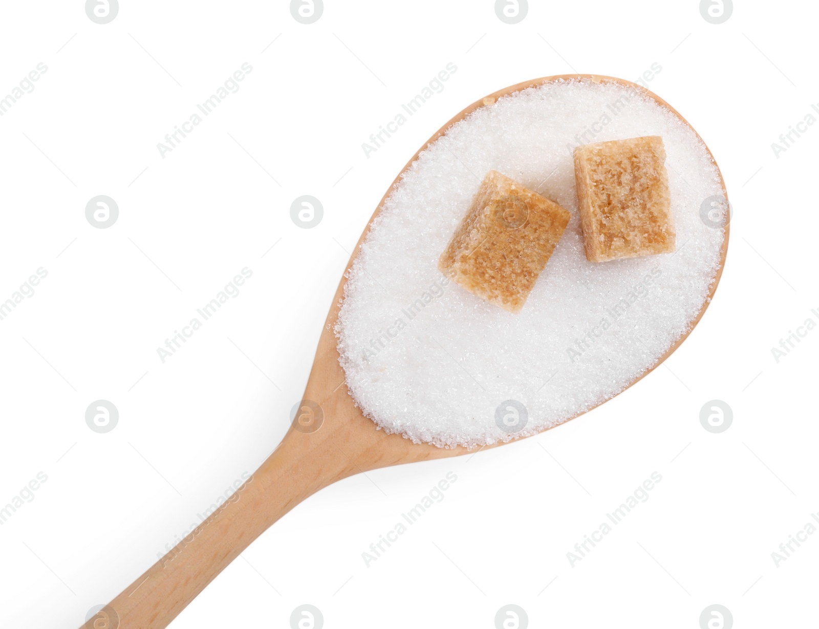 Photo of Different types of sugar in spoon isolated on white, top view