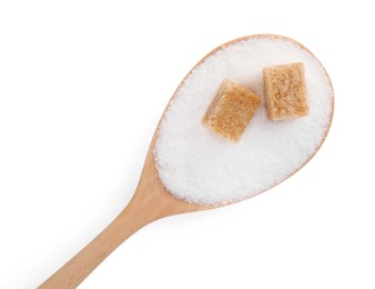 Photo of Different types of sugar in spoon isolated on white, top view