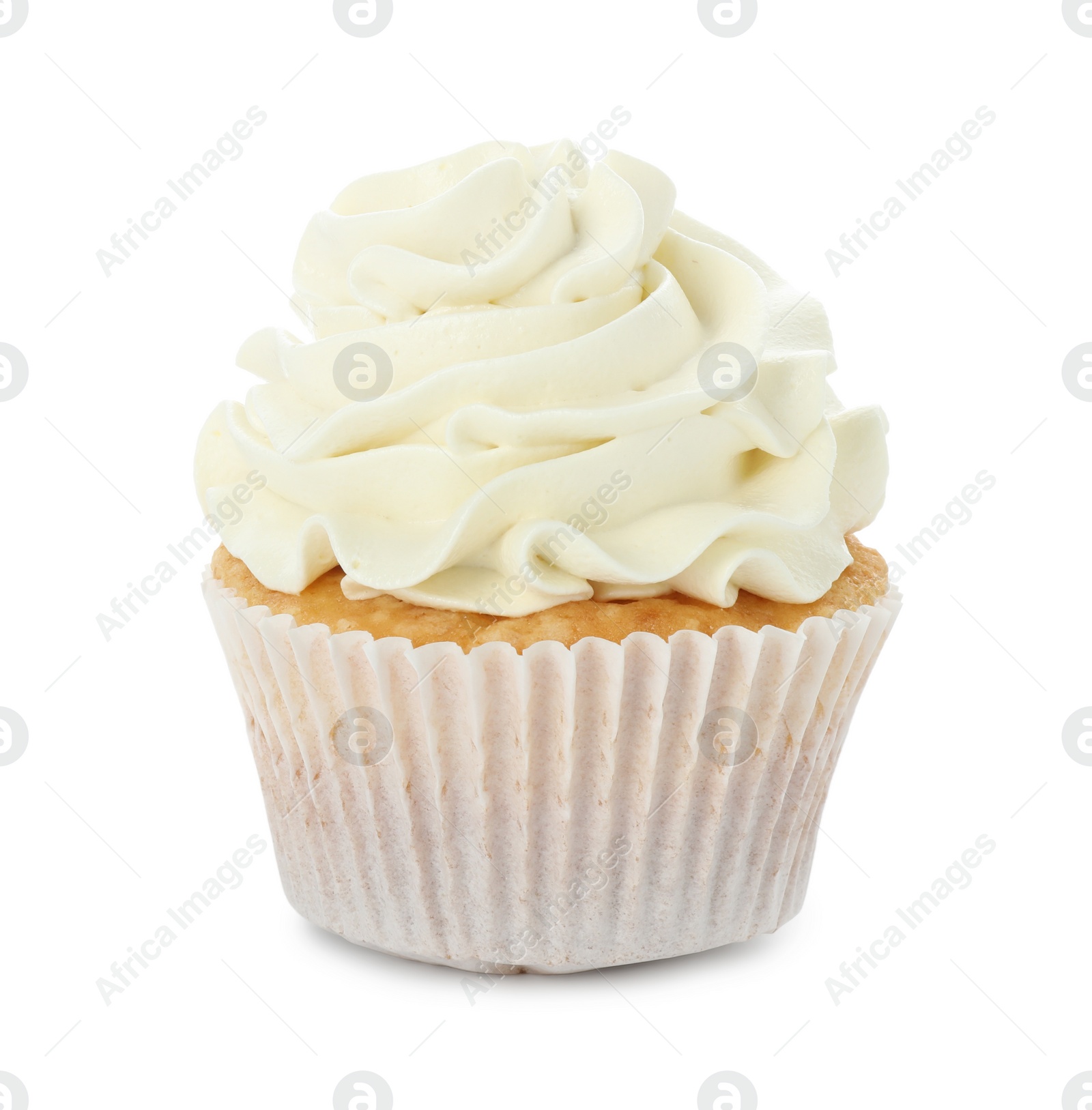 Photo of Tasty vanilla cupcake with cream isolated on white