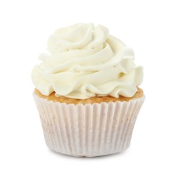 Photo of Tasty vanilla cupcake with cream isolated on white