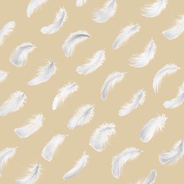 Image of Fluffy bird feathers on beige background, pattern design