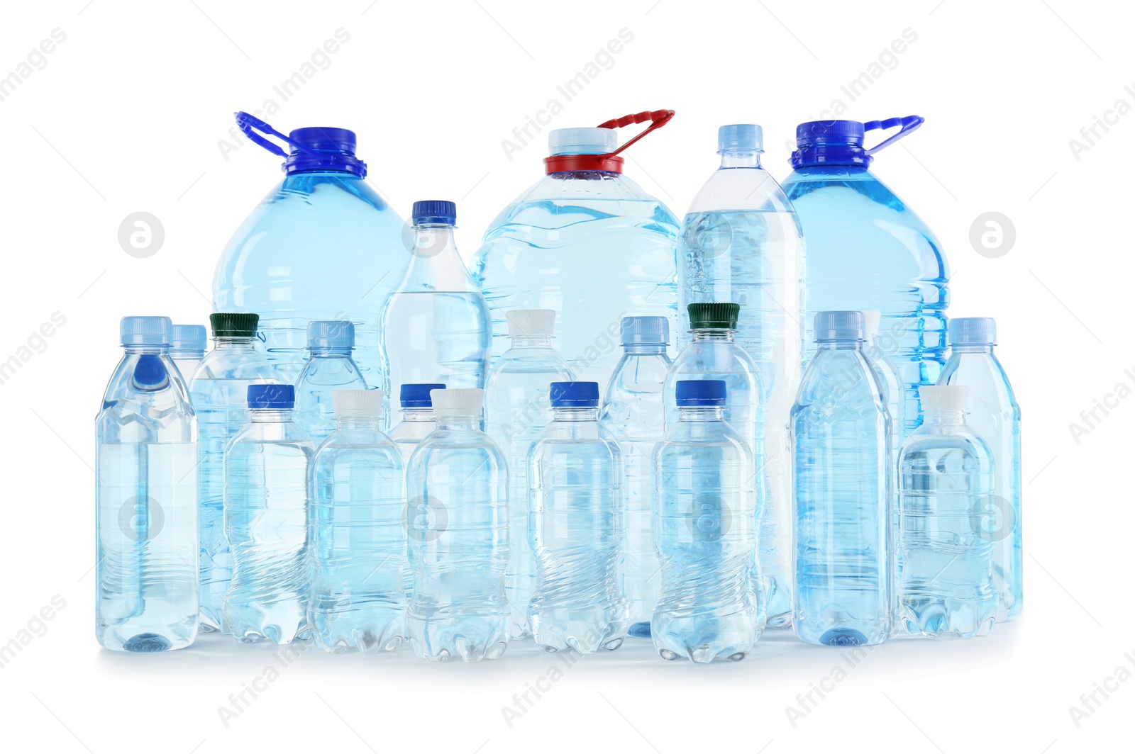 Photo of Set of different plastic bottles with pure water on white background