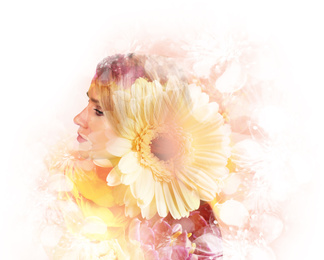 Image of Double exposure of beautiful woman and blooming flowers