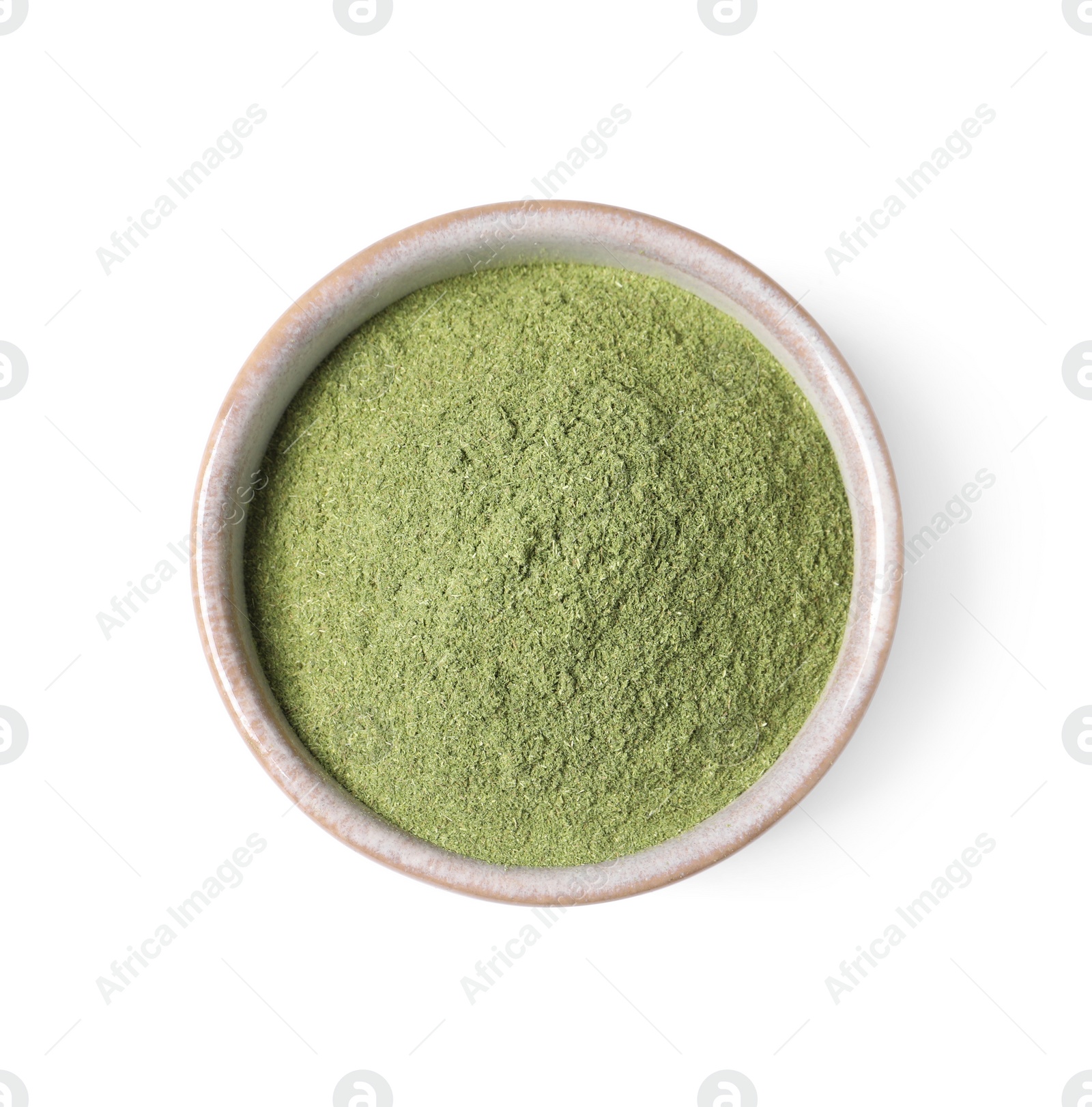 Photo of Wheat grass powder in bowl isolated on white, top view