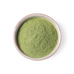 Wheat grass powder in bowl isolated on white, top view