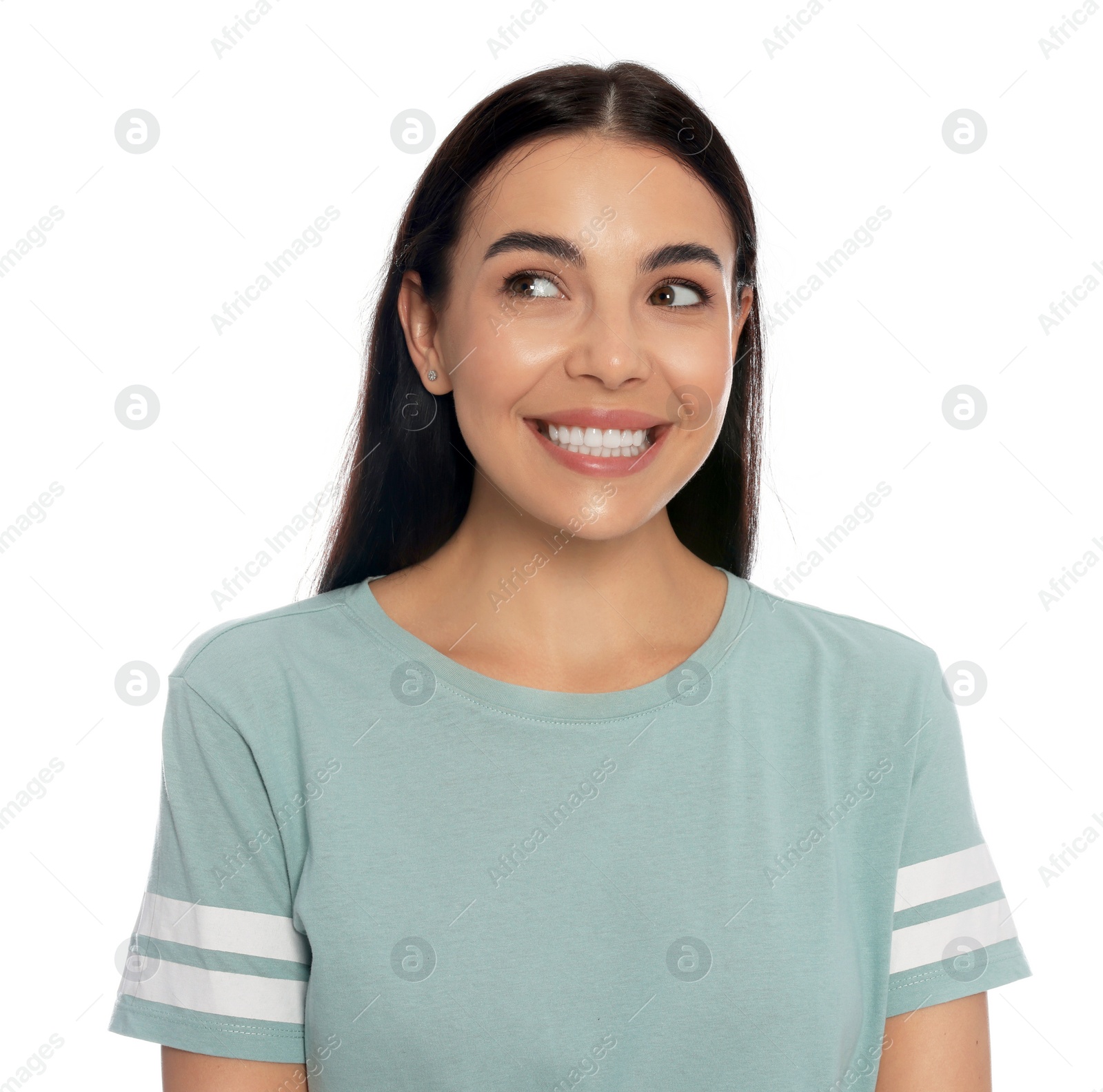 Photo of Embarrassed young woman in shirt on white background