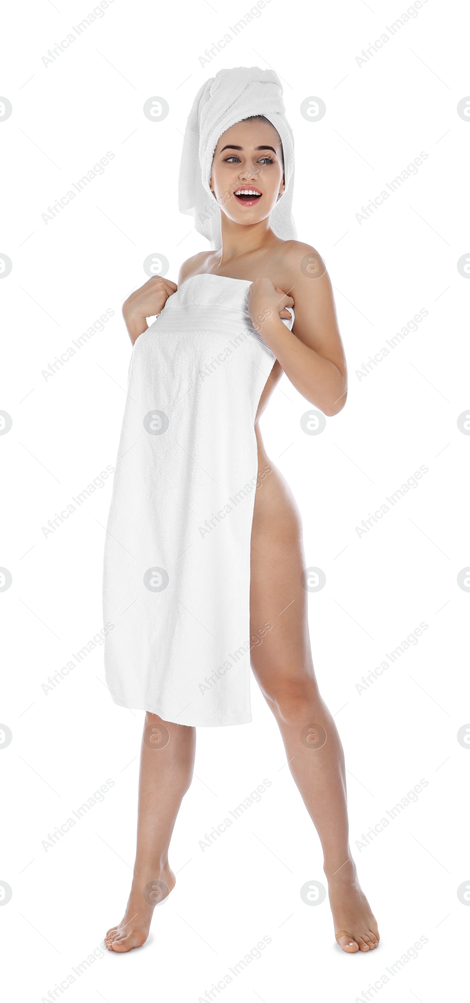 Photo of Full length portrait of young pretty woman with towels on white background