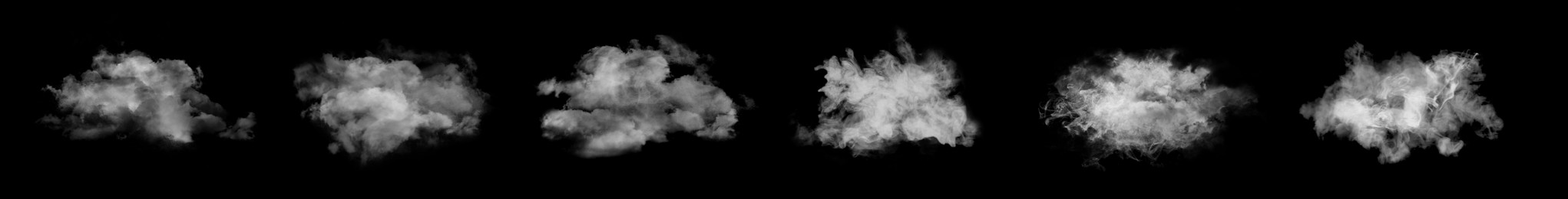 Image of Set with different clouds of white smoke on black background