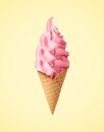 Tasty raspberry or strawberry ice cream in waffle cone on beige background. Soft serve