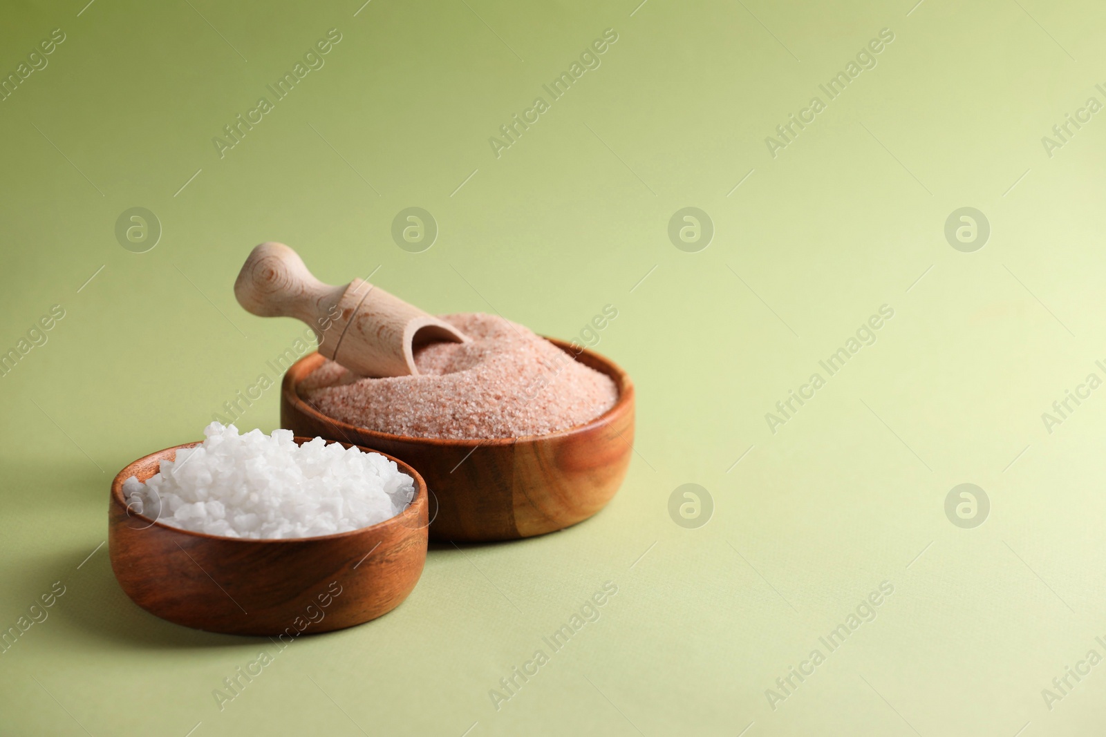 Photo of Different salt in bowls and scoop on green background, space for text