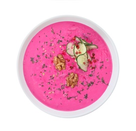 Photo of Delicious cold summer beet soup on white background, top view