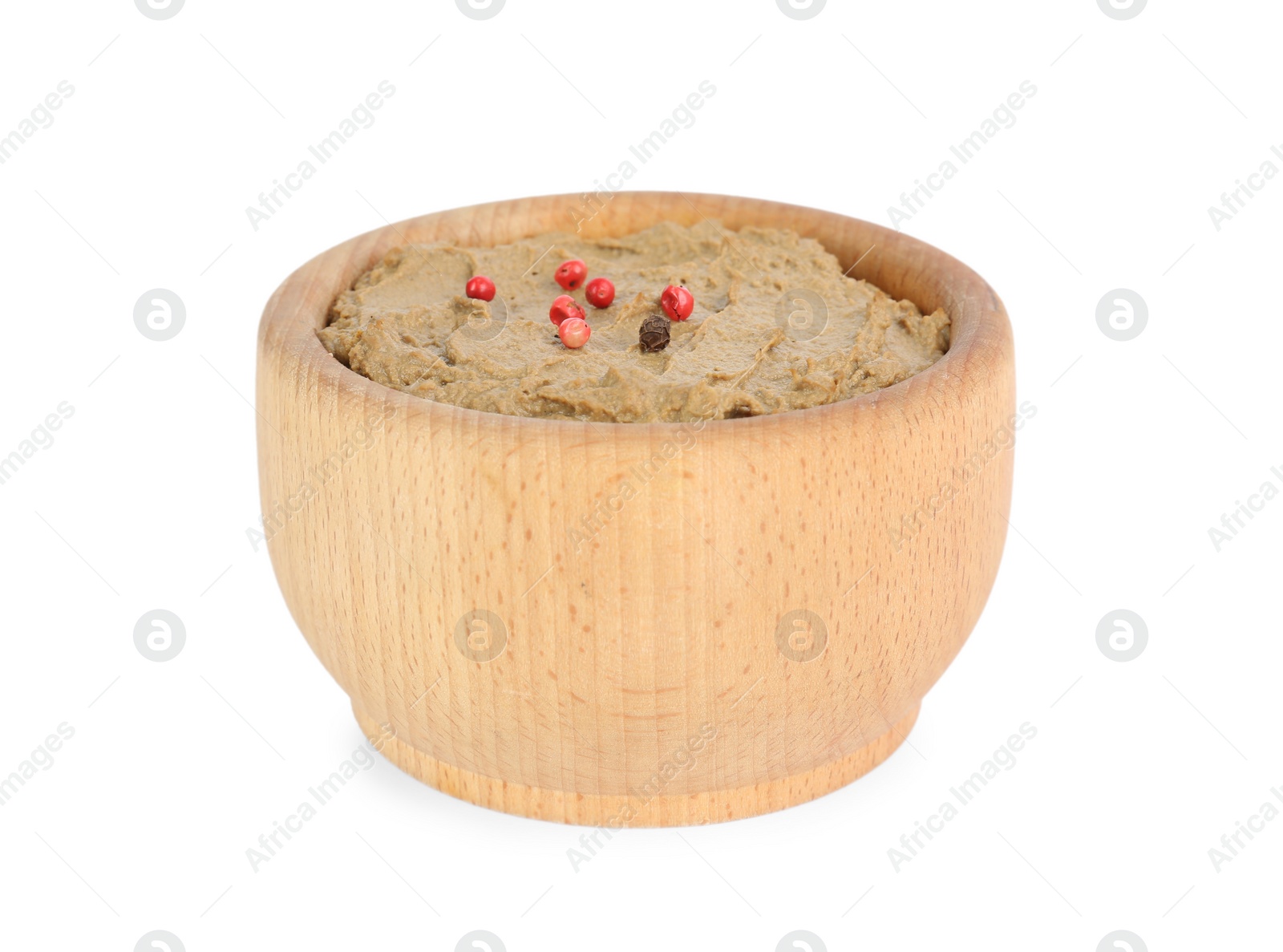 Photo of Tasty liver pate with pepper in wooden bowl isolated on white