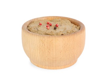 Tasty liver pate with pepper in wooden bowl isolated on white