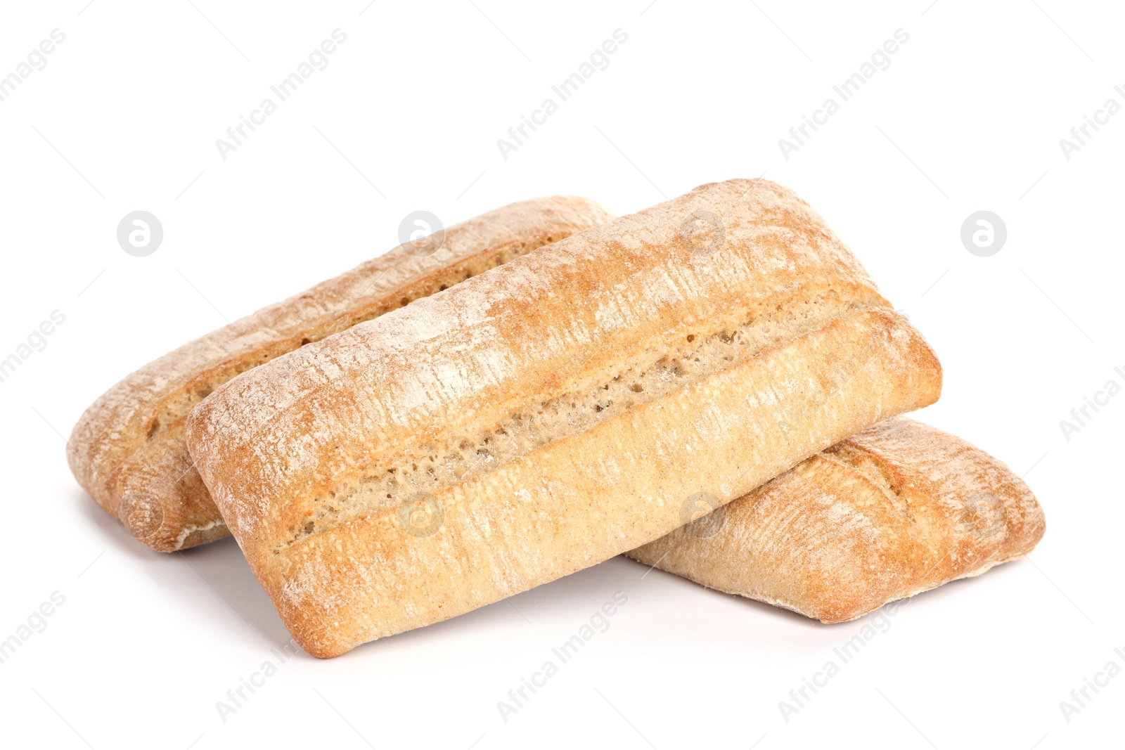 Photo of Crispy ciabattas on white background. Fresh bread